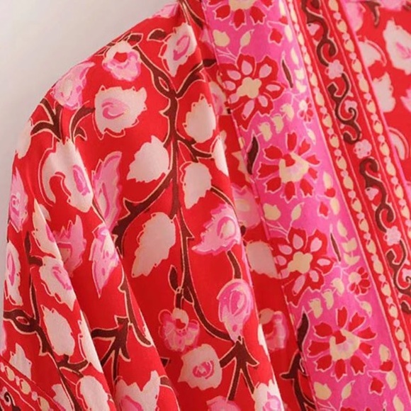 Red Coral Maxi KIMONO Duster Robe Delirium - Picture 4 of 5